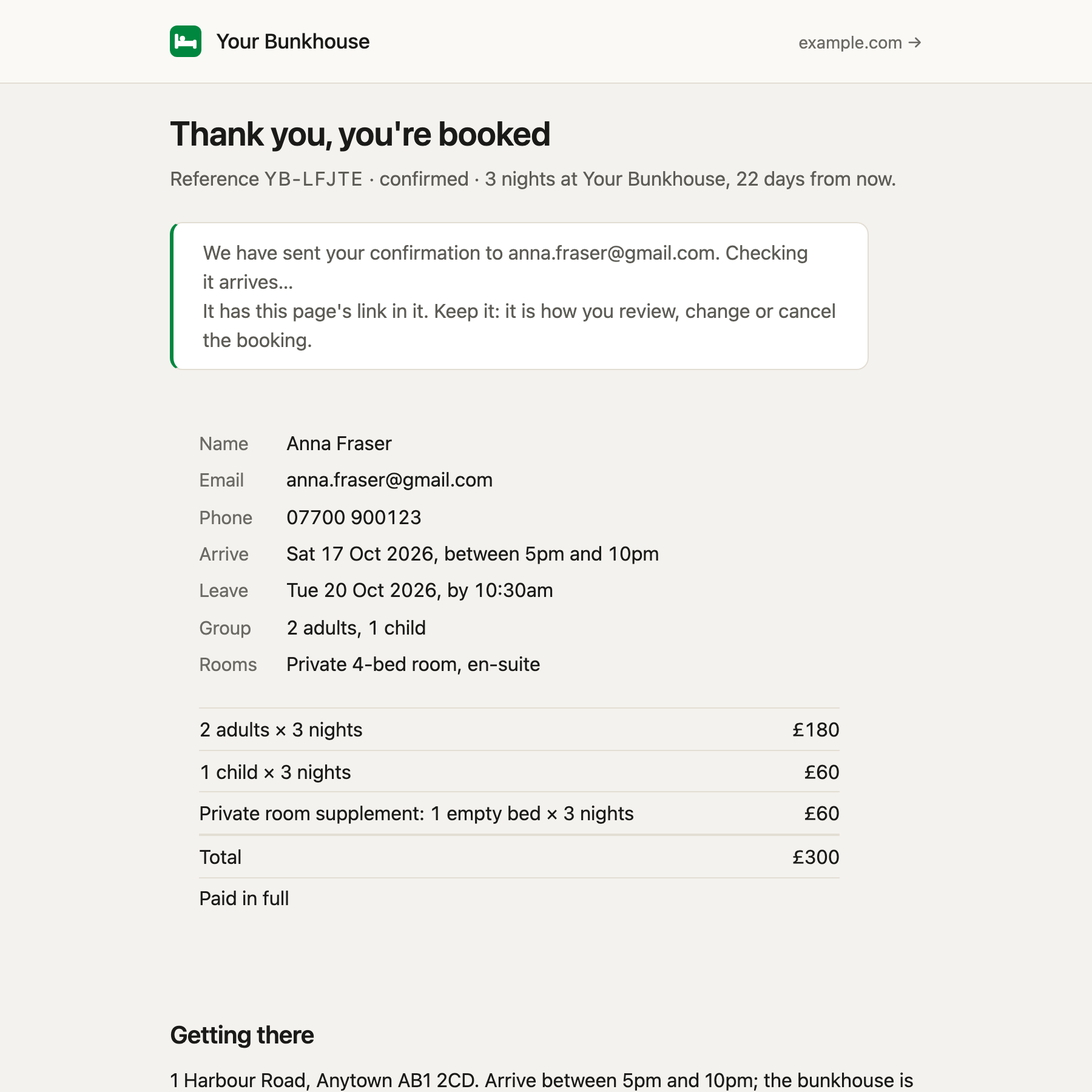 The booked page: a reference, the stay and the money, and a note that the confirmation is on its way.