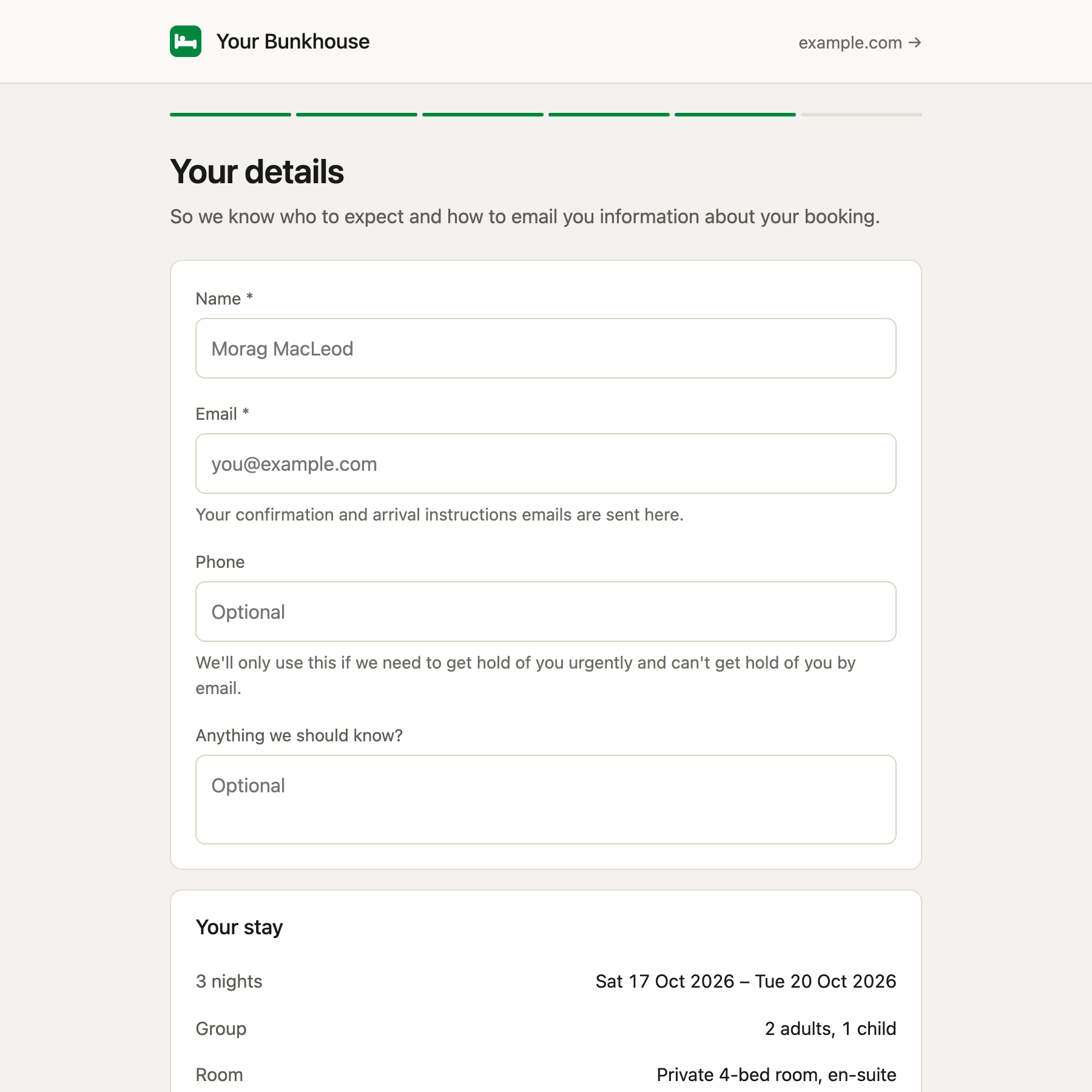 The details form, with the stay summarised underneath.