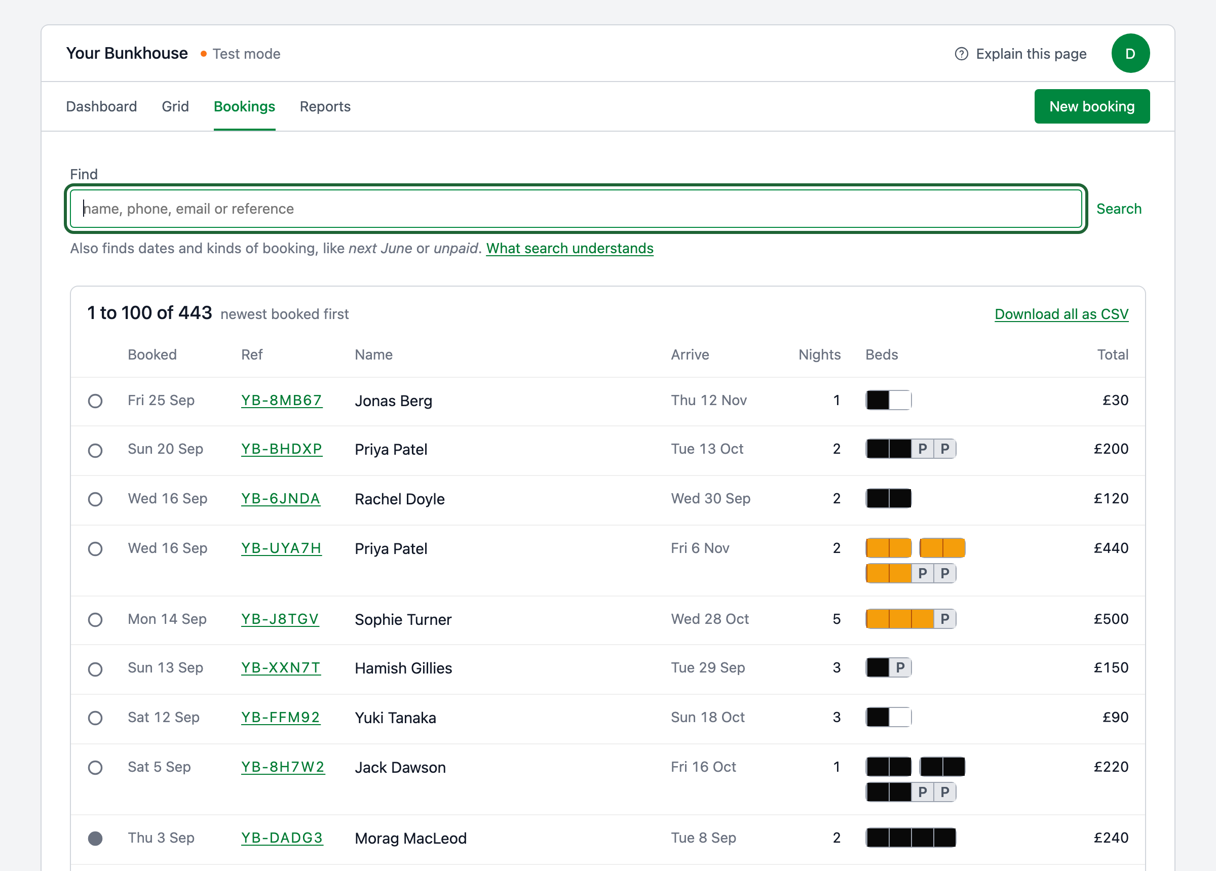 The bookings list with its search box and a row per booking.